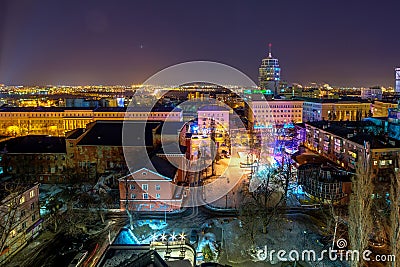 Night panoramic aerial winter cityscape view of Voronezh city, houses, night lights Editorial Stock Photo