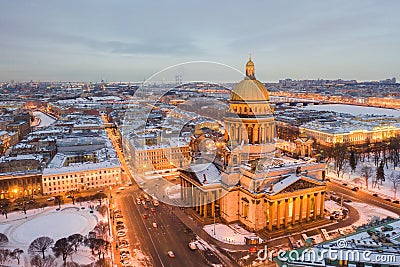 Night panoramic view from the aerial view of the center of St. Petersburg. St. Isaac`s Cathedra Editorial Stock Photo