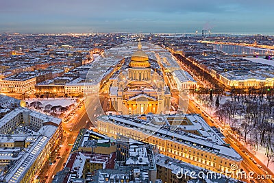 Night panoramic view from the aerial view of the center of St. Petersburg. St. Isaac`s Cathedra Editorial Stock Photo