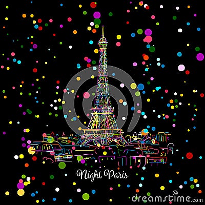 Night Paris,cityscape with Eifel Tower. Sketch for your design Vector Illustration