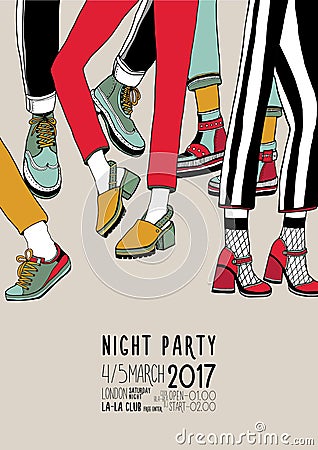 Night party hand drawn colorful poster with dancing legs. Dance, event, festival vector Illustration placard. Vector Illustration