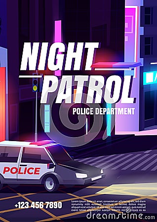 Night patrol with police department cartoon poster Vector Illustration