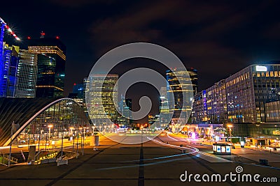 Night Pedestrian Square Surrounded by Skyscrapers Stock Photo