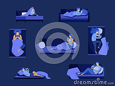 Night phone in bed. People using mobile before sleep, woman with smartphone nightly bedroom, man cellphone addiction Vector Illustration