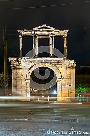 Night photo of Arch of Hadrian in Athens, Greece Stock Photo