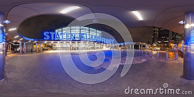 360 night photo New York Staten Island Ferry terminal neon blue sign Editorial Stock Photo