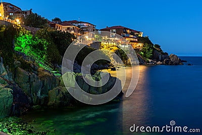 Night photo of old town of Sozopol of Sozopol ancient fortifications Stock Photo