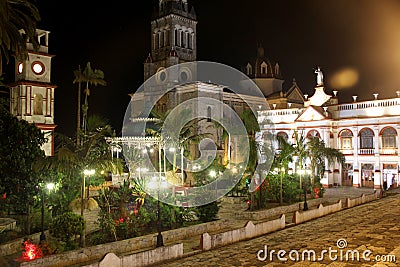 night photography center of the magical town Cuetzalan Pueblo with view of the government palace, kiosk and the church of San Fra Stock Photo
