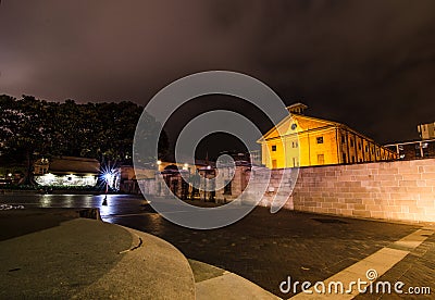 Night photography of Hyde Park Barracks Museum is former prison providing a glimpse into the lives of convicts. Stock Photo