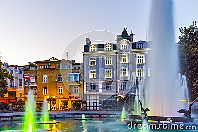 Night photos of Fountain in front of city hall in the center of Plovdiv Editorial Stock Photo