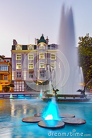 Night photos of Fountain in front of city hall in the center of Plovdiv Editorial Stock Photo