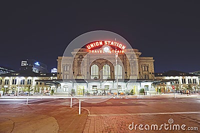 Night picture of the Denver Union Station. Editorial Stock Photo
