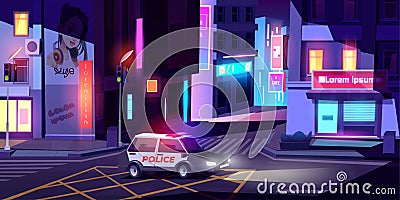 Night police patrol department car on street. Vector Illustration