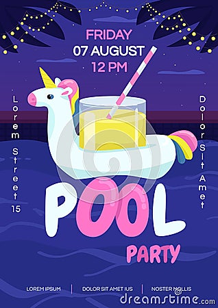 Night pool party poster flat vector template Vector Illustration