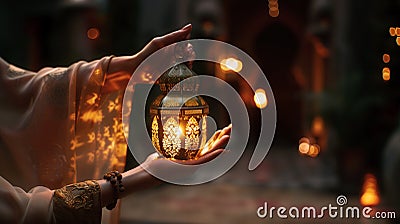 Night of power and blessings, intensified devotion.Female hands holding the lights. Stock Photo