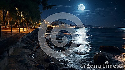 night promenade at sea on summer starry night and moon,on horizon city blurred light ,people walk Stock Photo