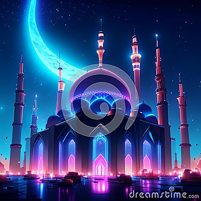 Night ramadan background with mosque and crescent moon, 3d illustration Generative AI Cartoon Illustration