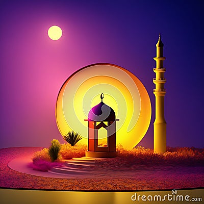 A night in Ramadan. A colorful mosque and a lantern with a glowing evening light. 3d Stock Photo