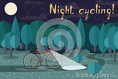 Night riding on the bike. Cycling at night. Interesting night ride on a bicycle in the park. Night cycling! Vector Illustration