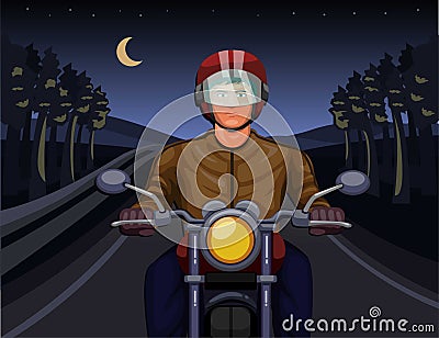 Night riding with motorbike in dark forest scene concept in cartoon illustration vector Vector Illustration