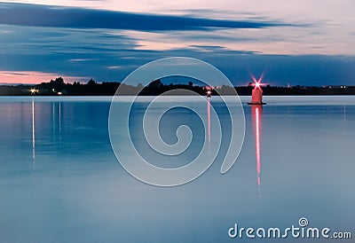 Night river skyline with red lights Stock Photo