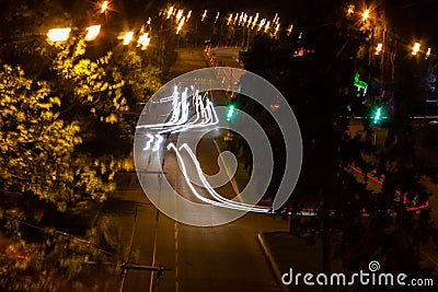 Night road. Frozen light lanterns. Freezligt Stock Photo