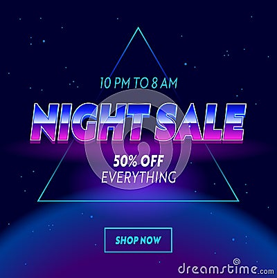 Night Sale Advertising Banner with Typography on Neon Space with Stars Cyberpunk Futuristic Background. Shopping Discount Vector Illustration
