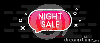 Night sale. Black promo banner with pink speech bubble. Vector Illustration