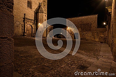 Night scape of CÃ¡ceres old town city with the church of Sant Mateo in the background, UNESCO World Heritage City, Extremadura, Stock Photo