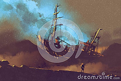 Night scene of abandoned ship on the desert with stary sky Cartoon Illustration