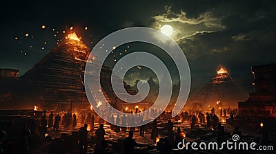 Night scene during an Aztec ritual illuminated by the bright light of a full moon, AI-generated. Stock Photo