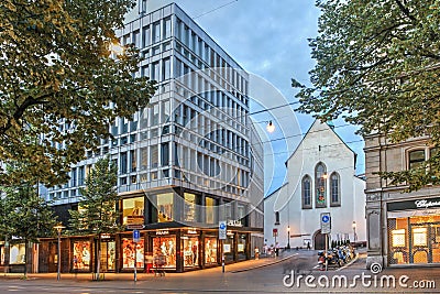 Augustinerkirche and Prada store, ZÃ¼rich, Switzerland Editorial Stock Photo