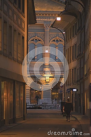 Night scene with Barenplatz in Bern, Switzerland. We look towards the Bundesplatz in the back Editorial Stock Photo