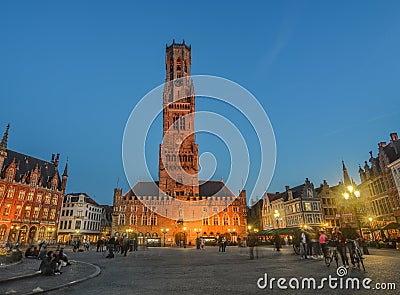 Night scene of Belfry Tower Belfort of Bruges Editorial Stock Photo