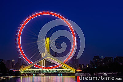 Night scene cityscape of Tianjin ferris wheel,Tianjin eyes with Stock Photo