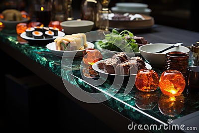 Night scene: Colorful sushi artistically arranged, awaiting tasting., generative IA Stock Photo