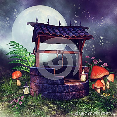 Colorful wishing well with mushrooms Stock Photo