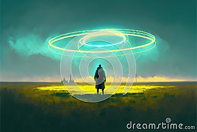 Night scene of the gentleman standing on the meadow facing the planet with rings Stock Photo