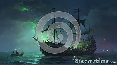 Night scene of ghost pirate ship in the sea with mysterious green light, Flying Dutchman painting Cartoon Illustration