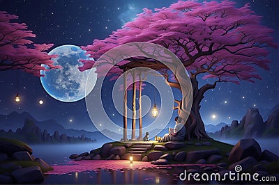 Full Moon Night landscape of a lake reflecting the sky in a Zen Garden Stock Photo