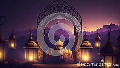 a night scene with lanterns and a mosque in the mountains with a view of the mountains and the mountains in the distance is a Stock Photo