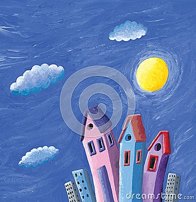 Night scene with moon and clouds of colorful houses Cartoon Illustration