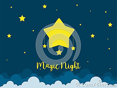 Night scene with moon and stars. Nightly sky with large moon. Good night sky card Cartoon Illustration