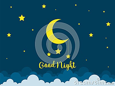 Night scene with moon and stars. Nightly sky with large moon. Good night sky card Cartoon Illustration