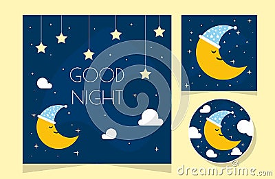 Night scene with moon and stars. Nightly sky with large moon. Good night sky card Cartoon Illustration