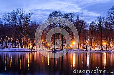 Night scene in park. Trees reflecting in water at dawn Stock Photo