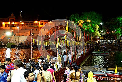 Night scene of river kshipra during simhasth great kumbh mela 2016, Ujjain India Editorial Stock Photo