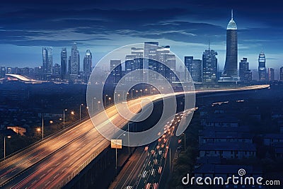 night scene of the shanghai skyline with car light trails on the road, Night cityscape with bilding and road in Beijing city, AI Stock Photo