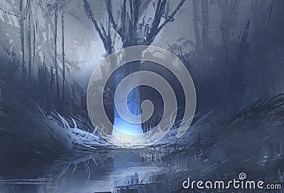 Night scene of spooky forest with swamp Cartoon Illustration