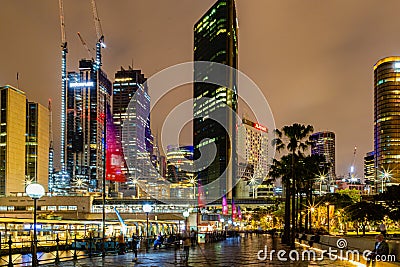 Night scene Sydney financial and hospitality buildings at the Circular Quay at Sydney Harbor New South Wales Australia Stock Photo